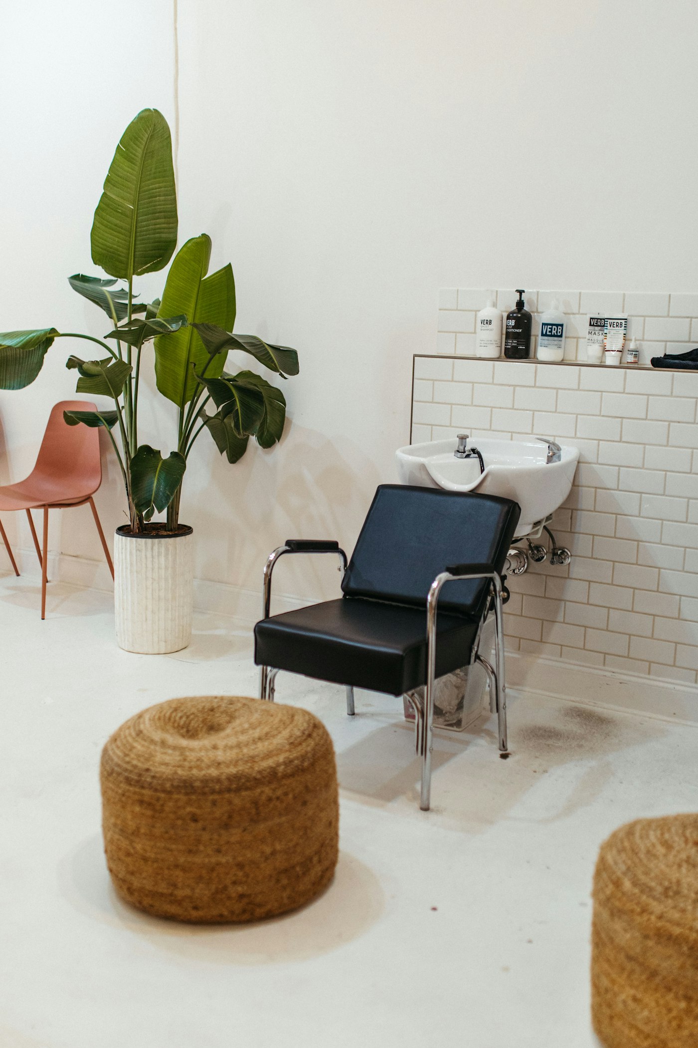 Espace de coiffure lumineux avec bac et plante